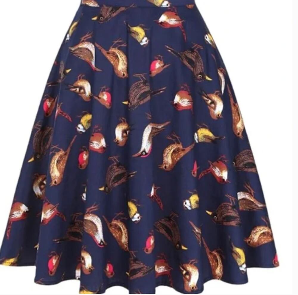 Grace Karin Pleated Bird Print Navy Skirt Sz S